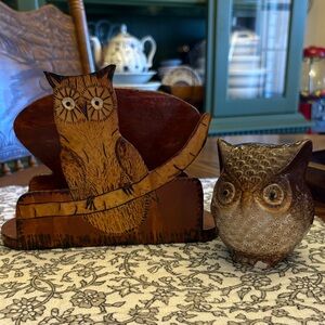 Wooden Owl Napkin/book holder and Ceramic Owl Figurine